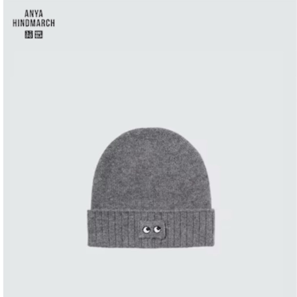 Anya Hindmarch Uniqlo collab gray 100% cashmere knitted beanie hat tuque NWT - Picture 1 of 8
